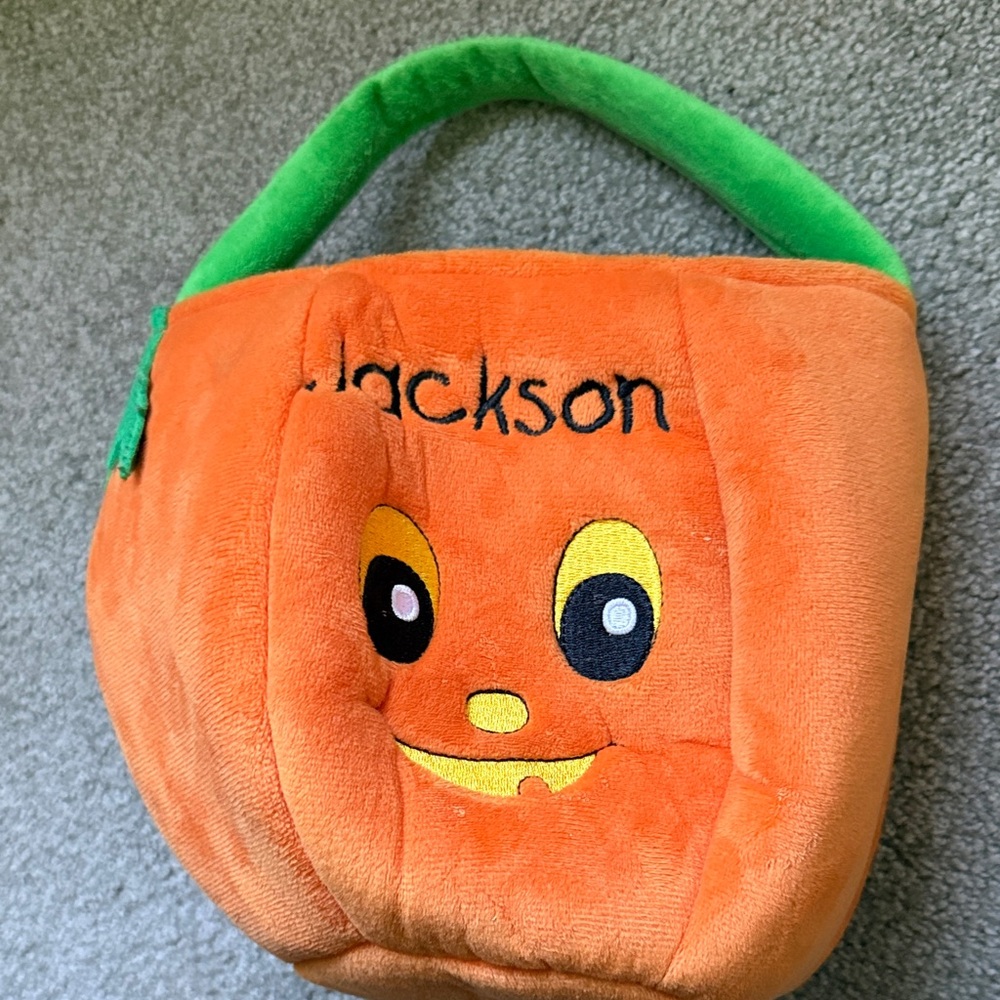 Jackson Personalized Orange Pumpkin Plush Trick-or-Treat Bag with Green Handle
